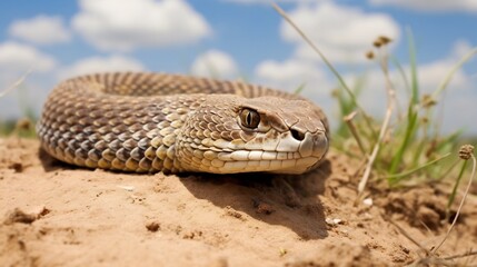 Obraz premium Closeup of a Western Hognose Snake Lifting Its Head in a Defensive Posture on Dry Rugged Terrain The Snake s Distinctive Scales and Patterning Blend Seamlessly with the Arid Environment
