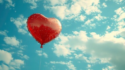 Fototapeta premium Heart-Shaped Balloon Soaring Against a Bright Blue Sky with Soft Clouds and Sunlight, Evoking Feelings of Love, Freedom, and Joyful Celebration in a Vibrant Atmosphere