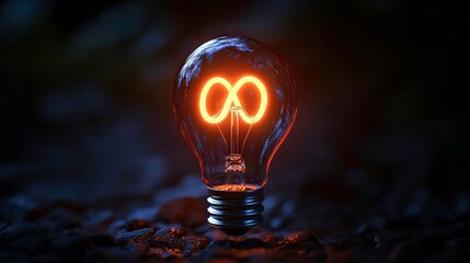Unique Light Bulb with Infinity Symbol Emitting Warm Light in a Dark Environment, Perfect for Concepts of Innovation, Creativity, and Endless Possibilities