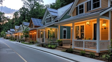 Naklejka premium Charming Row of Colorful Houses with Porches and Solar Panels