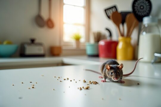 Rat droppings on kitchen counter, a reminder of the importance of cleanliness and pest control in maintaining a healthy home environment.