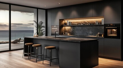 Modern kitchen with ocean view, black countertop island, Front view