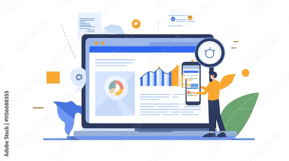 Poster data search technology search engine optimization concept. man hand using mobile phone and laptop co
