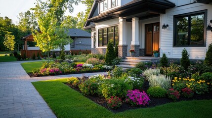 Naklejka premium Beautiful Home Exterior Surrounded by Colorful Flower Bed and Lawn