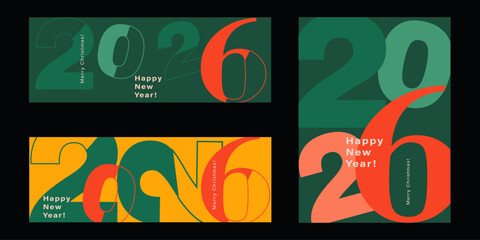 2026 Creativity Christmas Set with Number, Geometric Stripe in the Green, Black, Pink, Orange Colors. Background Modern Abstract Xmas Discount for Social Media, Card, Poster, Banner, Cover.
