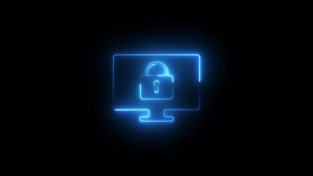 Neon line Lock on computer monitor screen icon isolated. Monitor and padlock. Security, safety, protection concept. Safe inter network
