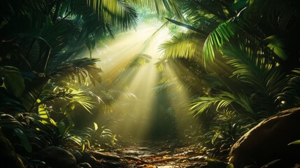 Naklejka premium Tropical Forest Landscape with Sunlight Through Lush Greenery Beautiful magical palm, fabulous