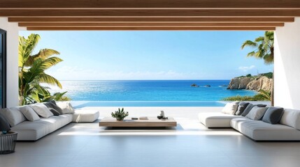 Fototapeta premium Modern living room with ocean view, high ceiling, Sea view empty large