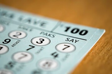 Lottery ticket closeup on a table, symbolizing hope and dreams of a better future, with a glimmer of anticipation and chance.