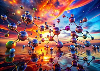 Vibrant molecular reactions illuminate a futuristic landscape.