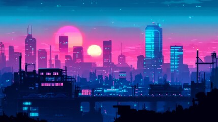 Fototapeta premium Pixel art city skyline at sunset with pink and blue hues.