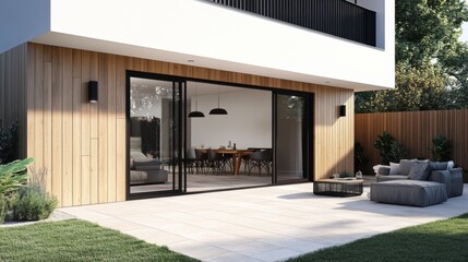 Modern two-story house with sliding glass door leading New wooden