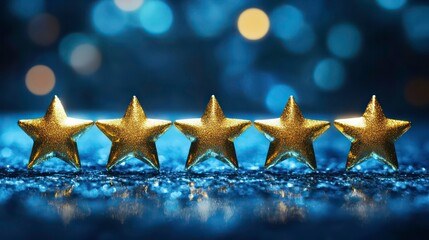 Five gold stars on a blue background with bokeh lights, symbolizing excellence, top rating, and quality.