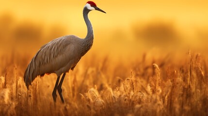 Obraz premium Majestic Sandhill Crane Stands Tall in Golden Field at Sunrise Serene Nature Landscape with Graceful Bird and Warm Morning Light