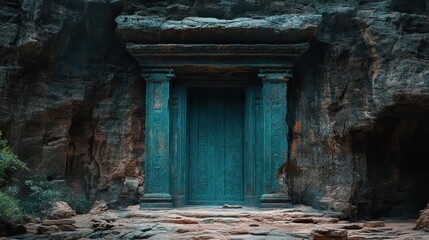 An ancient, ornate door set in a rocky landscape, hinting at mystery and exploration.