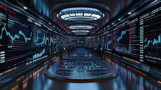 Futuristic trading room with analysts monitoring stock market data on large screens.