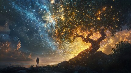 Fototapeta premium Starry Night Landscape: Person Silhouetted Against a Glowing Tree
