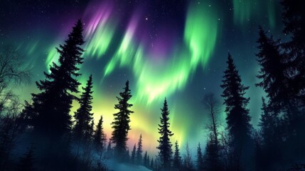 Vibrant Northern Lights illuminate dark forest with tall shining over