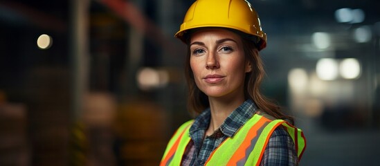 Fototapeta premium Female Construction Worker in Yellow Hard Hat and Successful engineer