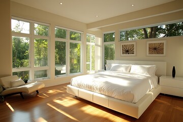 Obraz premium Bright bedroom featuring large windows, minimalistic design, and
