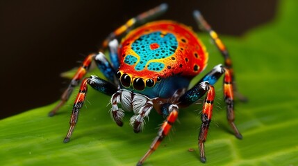 Fototapeta premium Stunning close up shot of a vibrant peacock spider performing a mesmerizing courtship dance on a lush green leaf showcasing its captivating iridescent colors and graceful movements
