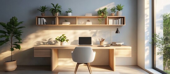 Modern Home Office with Wooden Desk, White Chair, A simple