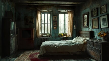 Vintage Bedroom Interior: Aged Walls, Antique Furniture