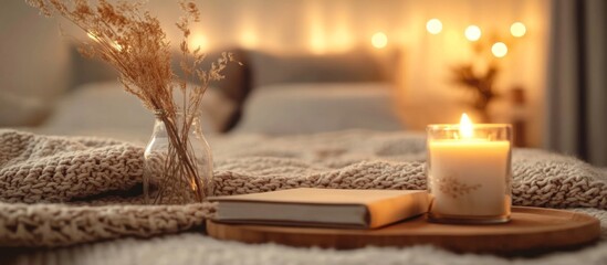 Cozy Bedroom Scene with Lit Candle, Books, and A comfortable home