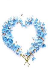 Realistic, highly detailed, and vibrant premium watercolor painting of delicate blue wildflowers arranged in the shape of a heart