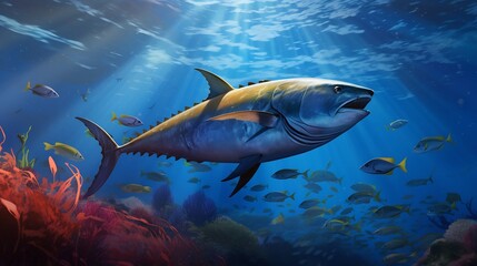 Blackfin Tuna Gracefully Swimming Near Vibrant Seamount Teeming With Diverse Marine Life and Coral Reef Formations