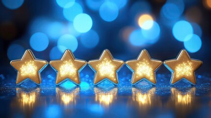 Five illuminated gold stars on blue bokeh background. (1)