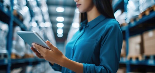 A woman uses a tablet in a warehouse filled with shelves and boxes.
