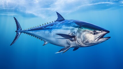 Naklejka premium Majestic Southern Bluefin Tuna Surging Through the Ocean Depths with Its Dramatic Dorsal Fin Extended Showcasing the Power and Grace of this Magnificent Marine Predator