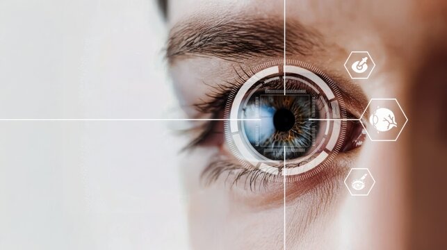 Close up of an eye with digital cataract surgery icons floating around it, represents advanced cataract surgery, eye surgery, and modern ophthalmology