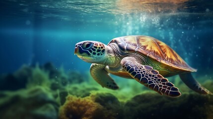 Fototapeta premium A vivid split image showcasing a turtle swimming gracefully underwater its shell partially visible above the serene surface revealing the dual nature of this captivating marine creature