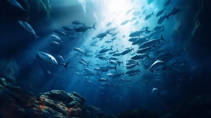 Obraz premium A mesmerizing school of tuna gracefully swimming and circling in a deep mysterious underwater canyon creating a captivating and serene natural scene full of wonder and beauty