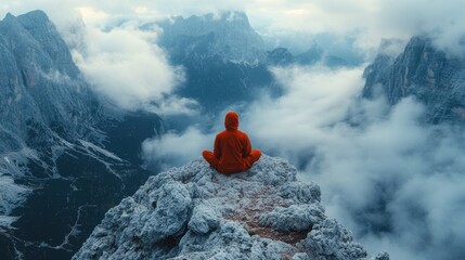 A person meditating on a rocky cliff surrounded by clouds and mountains.