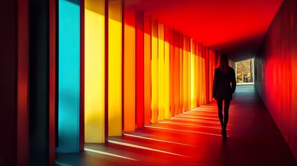 Woman Walking Through a Colorful Architectural Tunnel