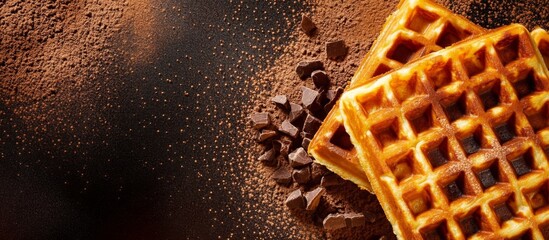 Golden brown waffles with lattice pattern on dark Belgian waffle texture background
