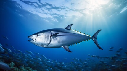 Majestic Southern Bluefin Tuna Gracefully Cruising Through Vibrant Tropical Coral Atoll in Pristine Turquoise Blue Waters of the Open Ocean