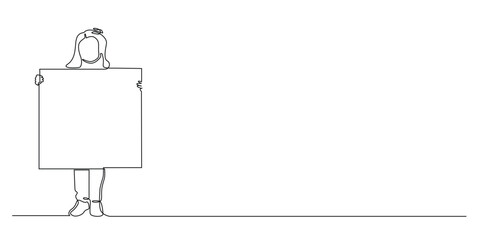 continuous line drawing of a child carrying a banner.one line drawing of a child carrying a blank banner.single line vector illustration.isolated white background