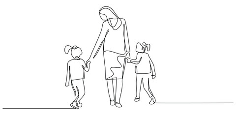 continuous line drawing of a mother holding her children's hands.one line drawing of a mother taking two children for a walk.single line vector illustration.isolated white background