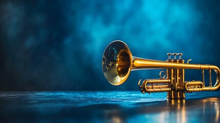 Golden Trumpet Rests on Dark Blue Surface