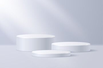 Cylindrical round podiums of different sizes isolated on light background. Vector 3d illustration.