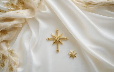 White fabric frame with golden star and cross.