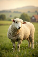 Obraz premium A serene pastoral scene in a vintage style, featuring a fluffy sheep standing in a lush green meadow