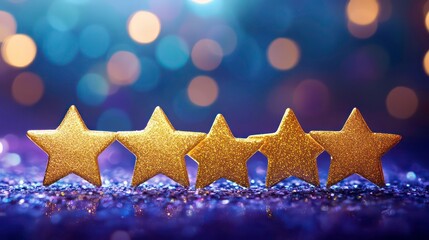 Five gold glitter stars on purple sparkle background.