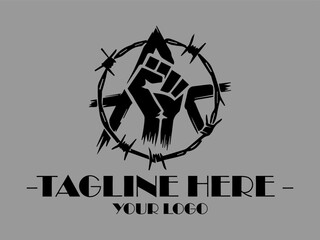 Black fist barbwire circle symbolizes resistance and defiance. Great for activism, protest, and empowermentthemed designs seeking bold visual impact