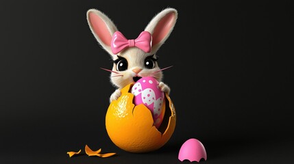 Adorable Bunny Peeking Out of Orange Egg with Pink Bow and Colorful Surprise