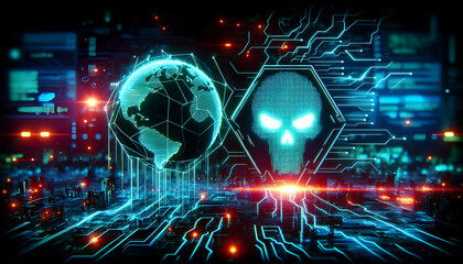 Hacker A neon cyber interface with fragmented lines and a glowing skull icon, symbolizing a digital hacking2